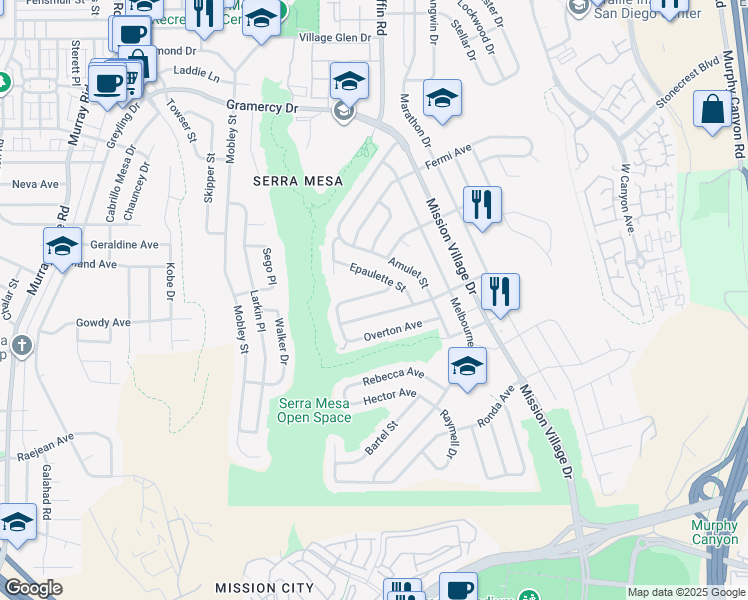 map of restaurants, bars, coffee shops, grocery stores, and more near 9215 Huntington Avenue in San Diego