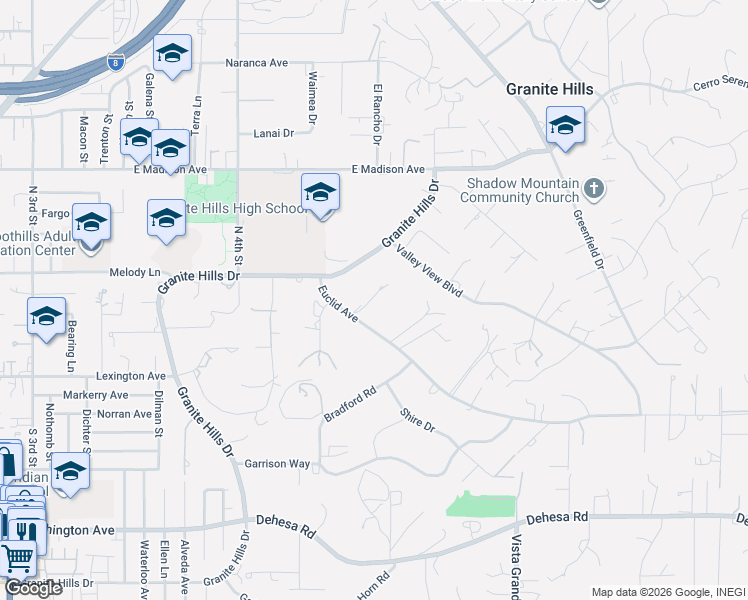 map of restaurants, bars, coffee shops, grocery stores, and more near 2031 Granite Hills Drive in El Cajon