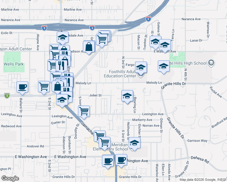 map of restaurants, bars, coffee shops, grocery stores, and more near 1479 Melody Lane in El Cajon