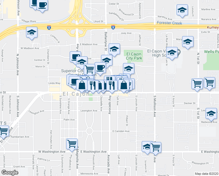map of restaurants, bars, coffee shops, grocery stores, and more near 180 Ballantyne Street in El Cajon