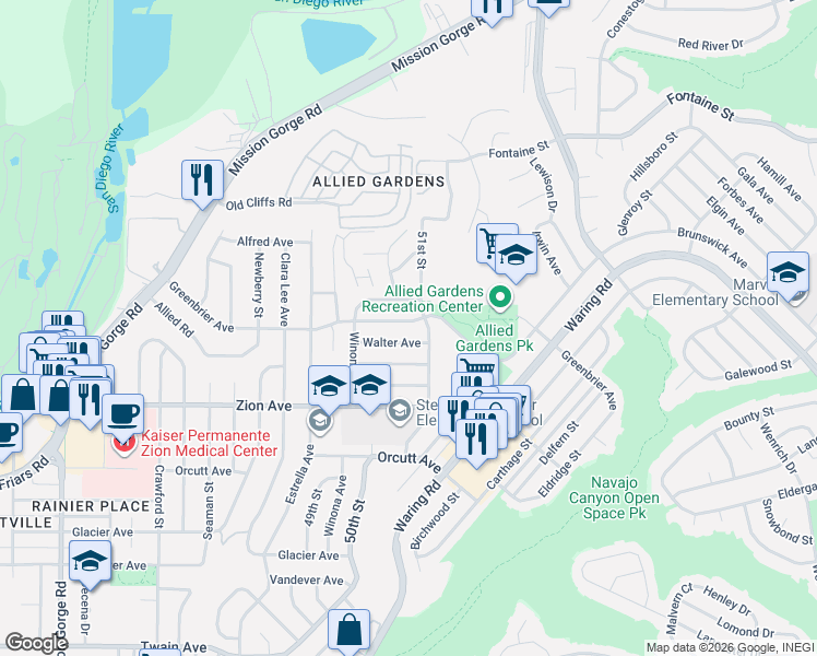 map of restaurants, bars, coffee shops, grocery stores, and more near 5040 Greenbrier Avenue in San Diego