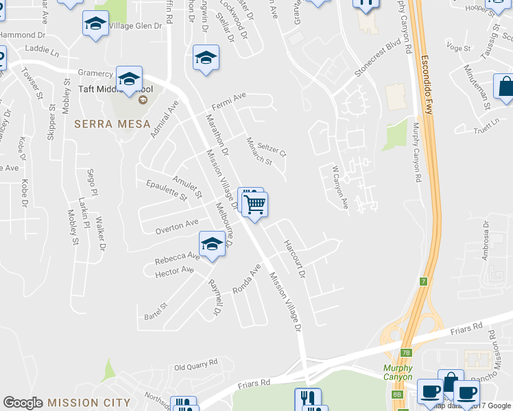 map of restaurants, bars, coffee shops, grocery stores, and more near 2747 Marathon Drive in San Diego