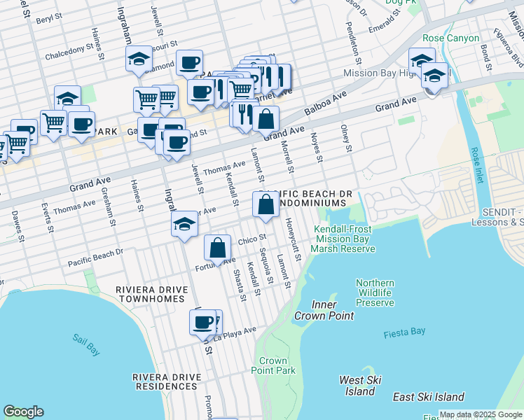 map of restaurants, bars, coffee shops, grocery stores, and more near 1875 Oliver Avenue in San Diego