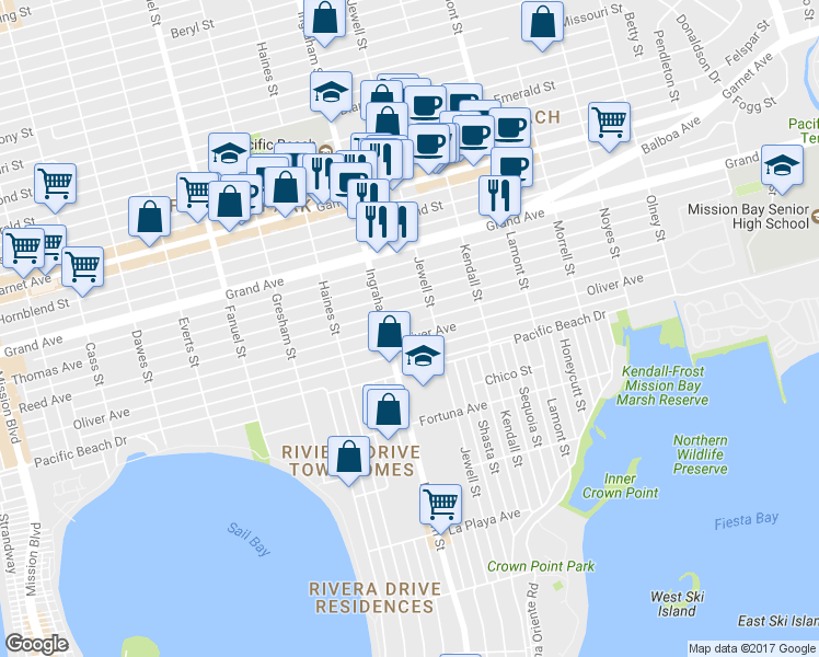 map of restaurants, bars, coffee shops, grocery stores, and more near 1649 Reed Avenue in San Diego