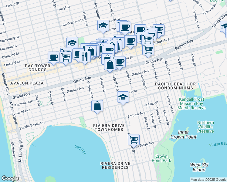 map of restaurants, bars, coffee shops, grocery stores, and more near 1572 1/2 Reed Avenue in San Diego