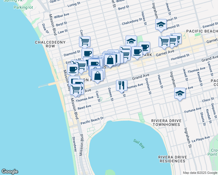 map of restaurants, bars, coffee shops, grocery stores, and more near 1116 Grand Avenue in San Diego