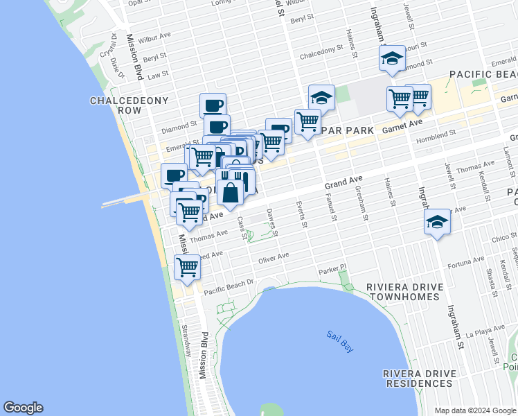 map of restaurants, bars, coffee shops, grocery stores, and more near 1036 Grand Avenue in San Diego