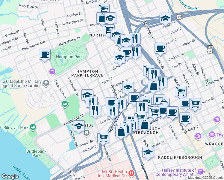 map of restaurants, bars, coffee shops, grocery stores, and more near in Charleston