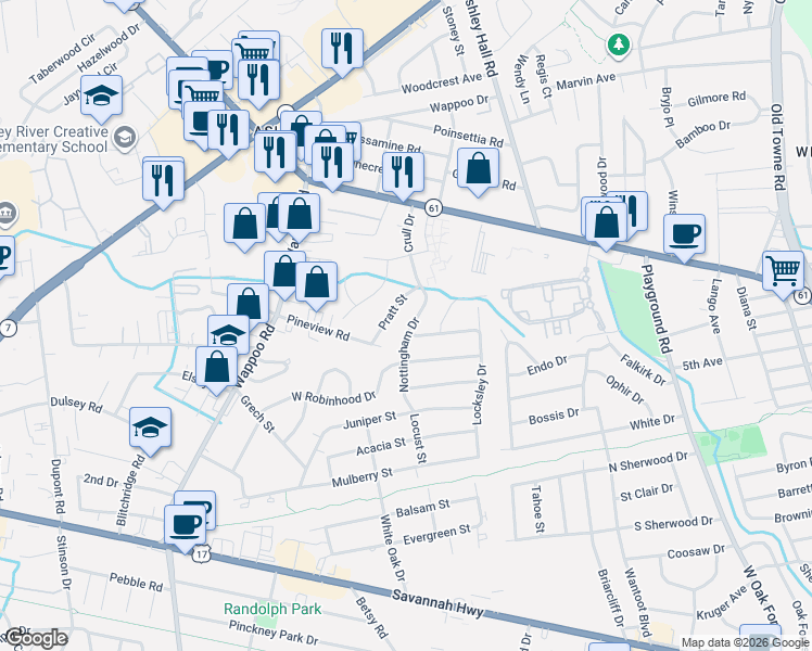 map of restaurants, bars, coffee shops, grocery stores, and more near 16 Pratt Street in Charleston