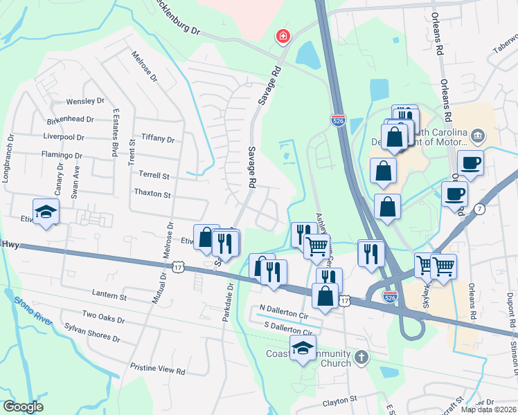 map of restaurants, bars, coffee shops, grocery stores, and more near 748 East Westchester Drive in Charleston
