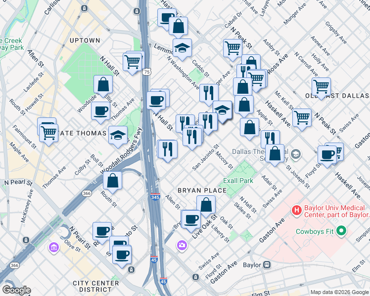 map of restaurants, bars, coffee shops, grocery stores, and more near in Dallas