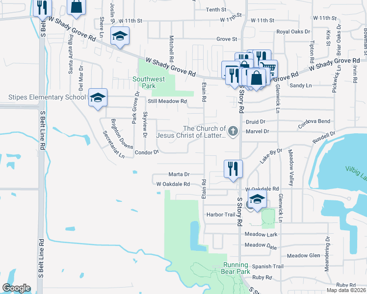 map of restaurants, bars, coffee shops, grocery stores, and more near 2704 Quail Ridge in Irving