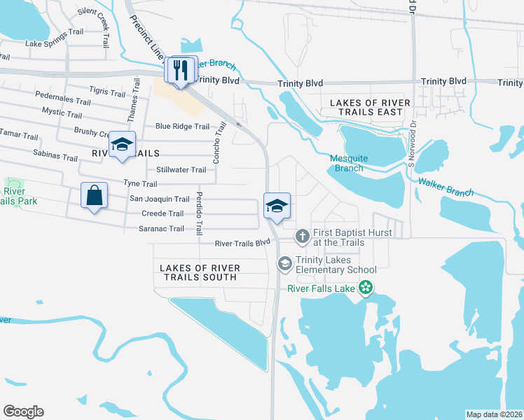 map of restaurants, bars, coffee shops, grocery stores, and more near 9130 San Joaquin Trail in Fort Worth