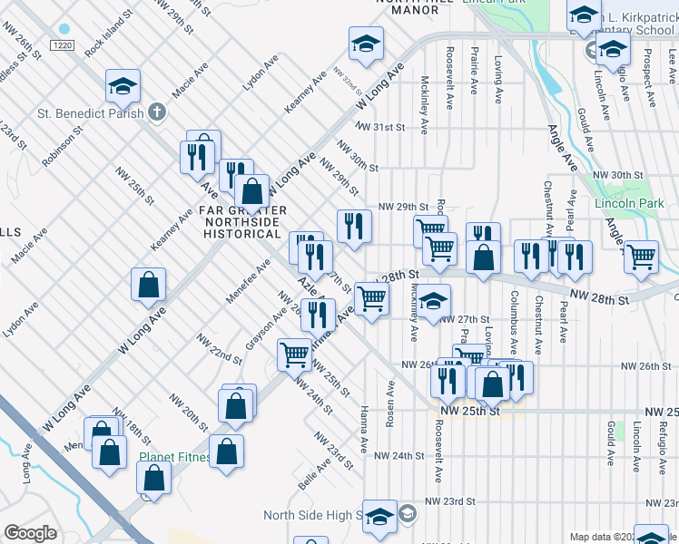 map of restaurants, bars, coffee shops, grocery stores, and more near 2421 Northwest 28th Street in Fort Worth
