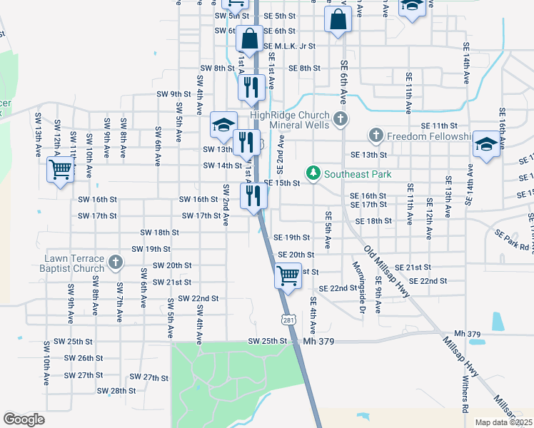 map of restaurants, bars, coffee shops, grocery stores, and more near 1612 Southeast 2nd Avenue in Mineral Wells
