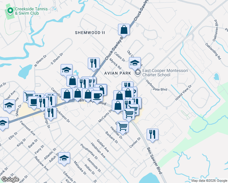 map of restaurants, bars, coffee shops, grocery stores, and more near 1017 Chuck Dawley Boulevard in Mount Pleasant