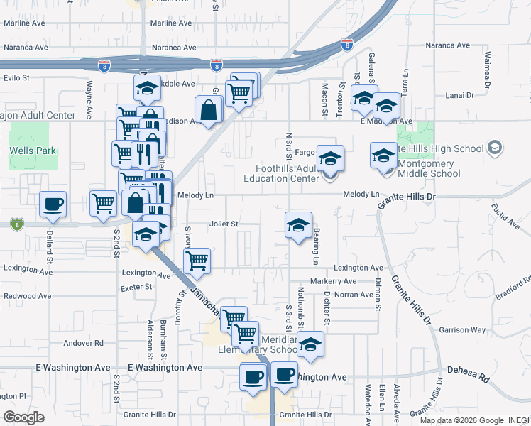 map of restaurants, bars, coffee shops, grocery stores, and more near 1479 Melody Lane in El Cajon
