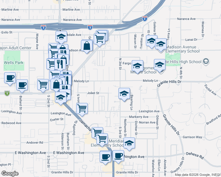 map of restaurants, bars, coffee shops, grocery stores, and more near 133 Stephanie Lane in El Cajon