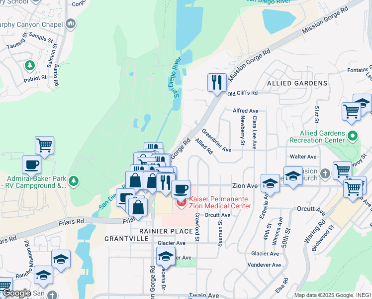 map of restaurants, bars, coffee shops, grocery stores, and more near 6725 Mission Gorge Road in San Diego