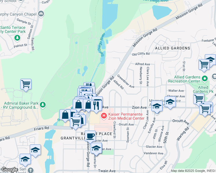 map of restaurants, bars, coffee shops, grocery stores, and more near 6725 Mission Gorge Road in San Diego