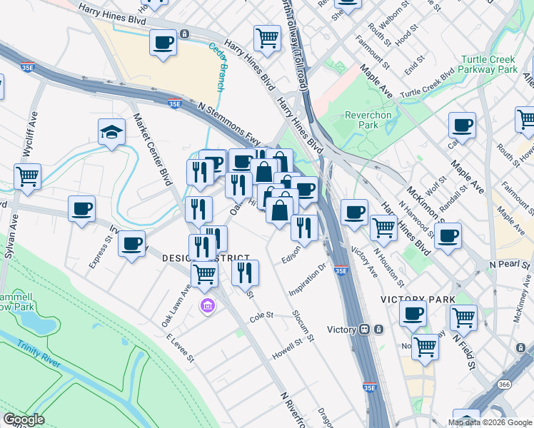 map of restaurants, bars, coffee shops, grocery stores, and more near 1617 Hi Line Drive in Dallas
