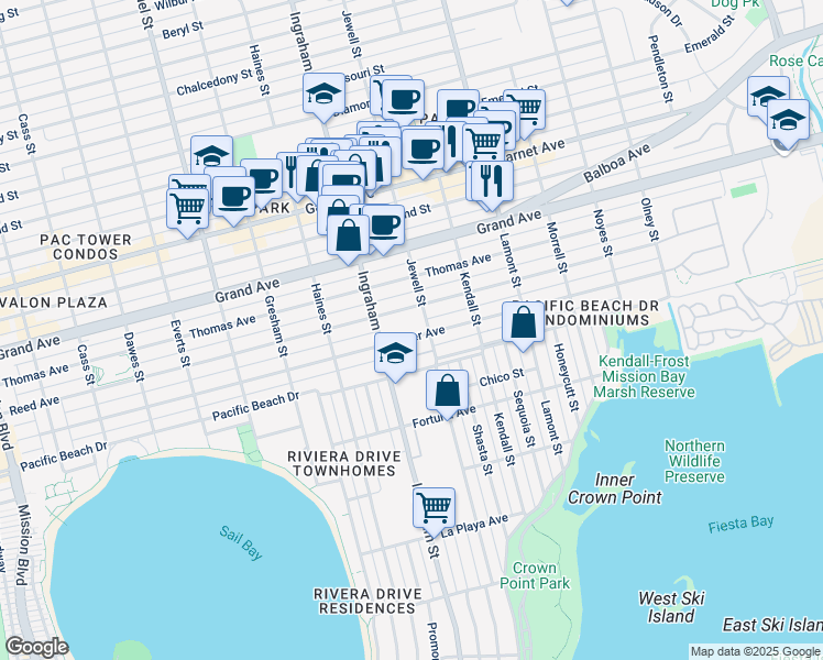 map of restaurants, bars, coffee shops, grocery stores, and more near 1649 Reed Avenue in San Diego