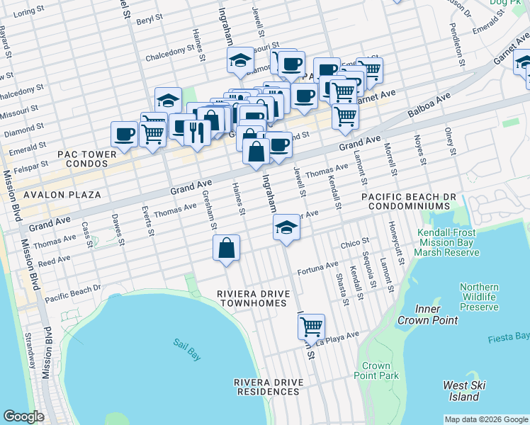 map of restaurants, bars, coffee shops, grocery stores, and more near 1572 1/2 Reed Avenue in San Diego