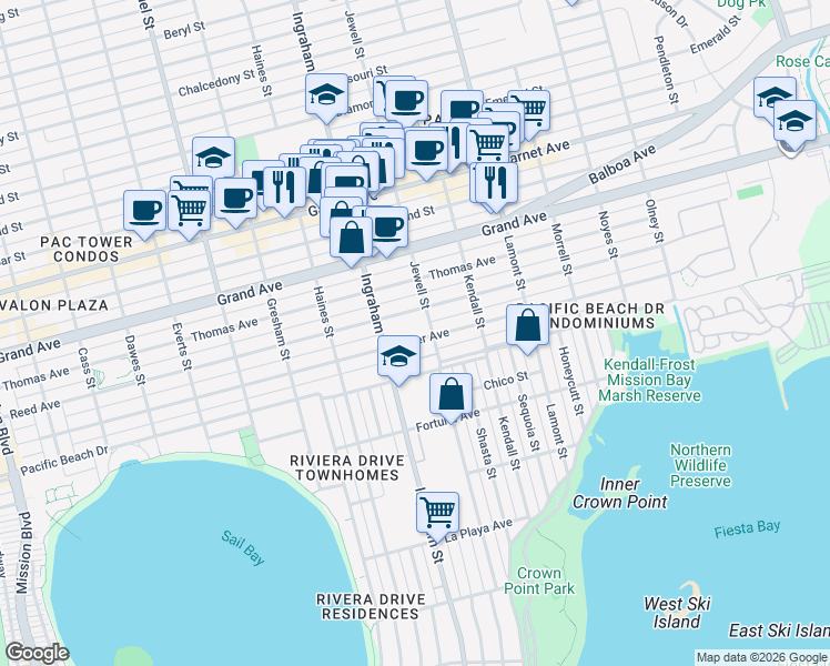 map of restaurants, bars, coffee shops, grocery stores, and more near 1654 Oliver Avenue in San Diego