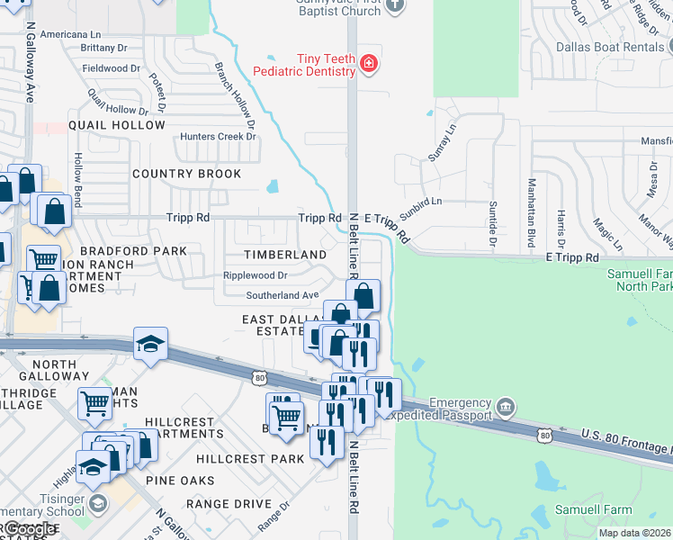 map of restaurants, bars, coffee shops, grocery stores, and more near 117 Ripplewood Drive in Mesquite