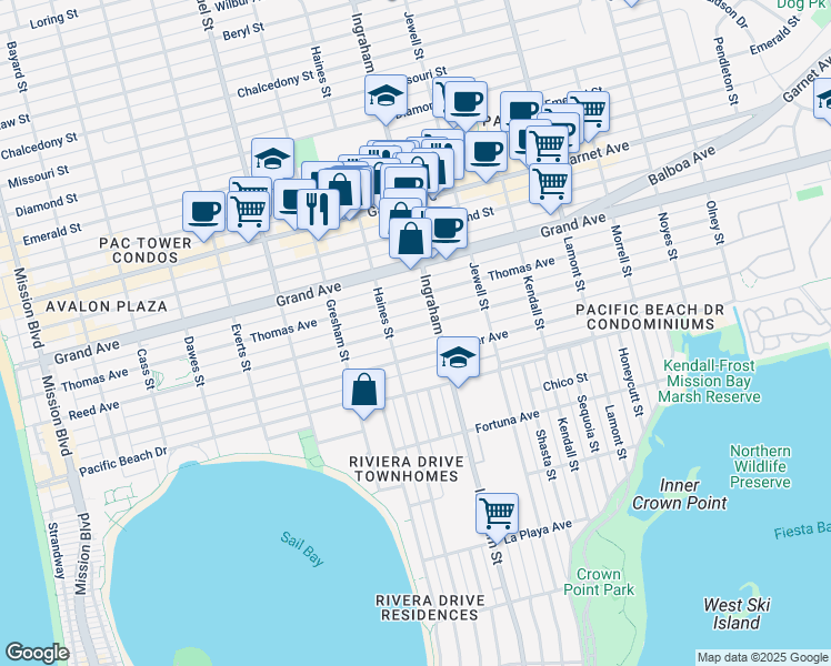 map of restaurants, bars, coffee shops, grocery stores, and more near 1541 Reed Avenue in San Diego