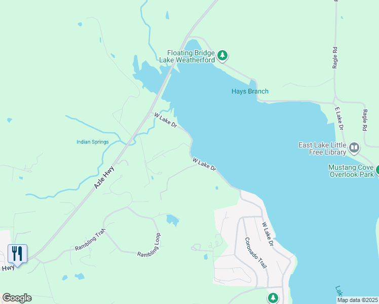 map of restaurants, bars, coffee shops, grocery stores, and more near 1185 West Lake Drive in Weatherford