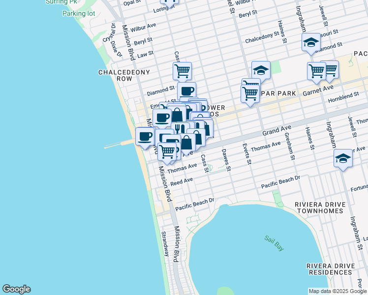 map of restaurants, bars, coffee shops, grocery stores, and more near 959 Hornblend Street in San Diego