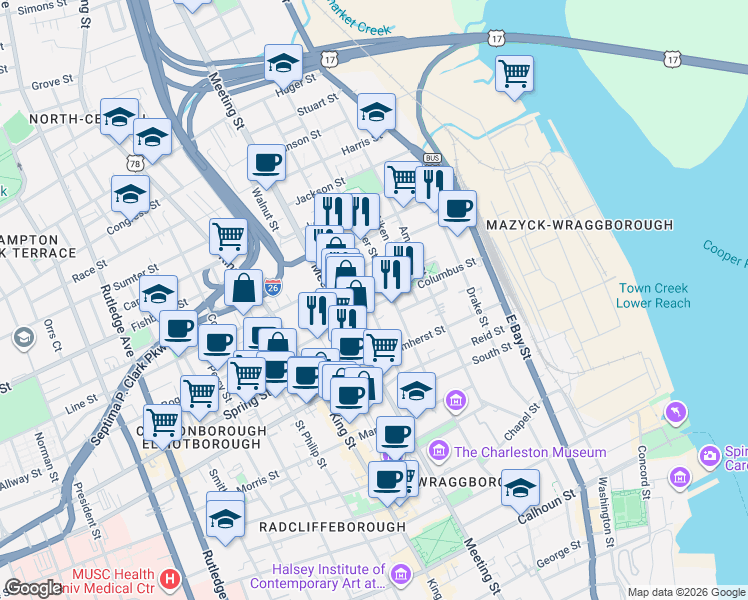 map of restaurants, bars, coffee shops, grocery stores, and more near 92 Columbus Street in Charleston