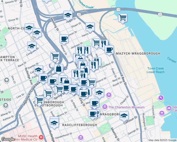 map of restaurants, bars, coffee shops, grocery stores, and more near 76 Nassau Street in Charleston