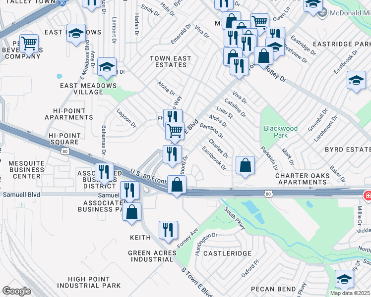 map of restaurants, bars, coffee shops, grocery stores, and more near 2132 Tradewind Drive in Mesquite