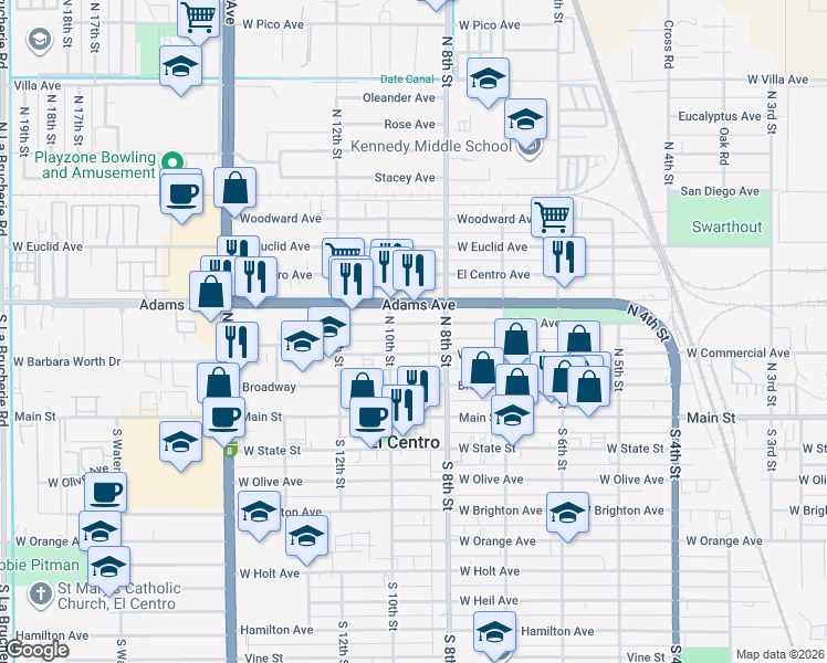map of restaurants, bars, coffee shops, grocery stores, and more near 844-928 Park Avenue in El Centro