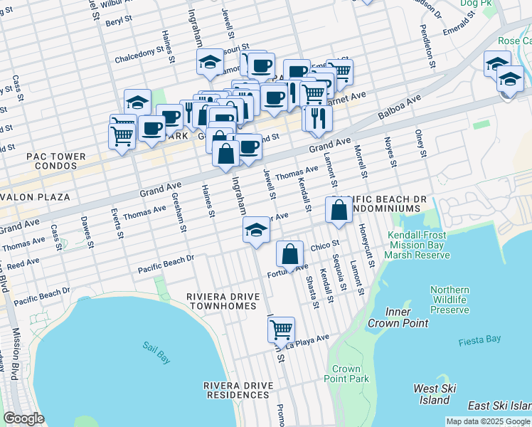 map of restaurants, bars, coffee shops, grocery stores, and more near 1649 Reed Avenue in San Diego