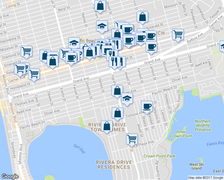 map of restaurants, bars, coffee shops, grocery stores, and more near 1572 1/2 Reed Avenue in San Diego