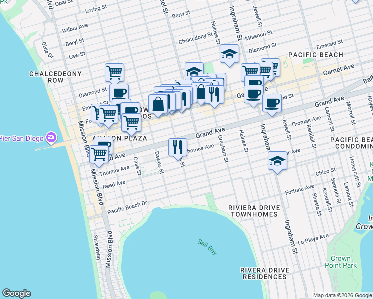 map of restaurants, bars, coffee shops, grocery stores, and more near 1258 Thomas Avenue in San Diego