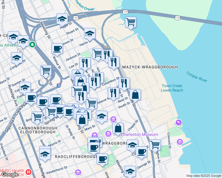 map of restaurants, bars, coffee shops, grocery stores, and more near 63 Columbus Street in Charleston