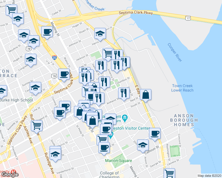 map of restaurants, bars, coffee shops, grocery stores, and more near 71 Columbus Street in Charleston