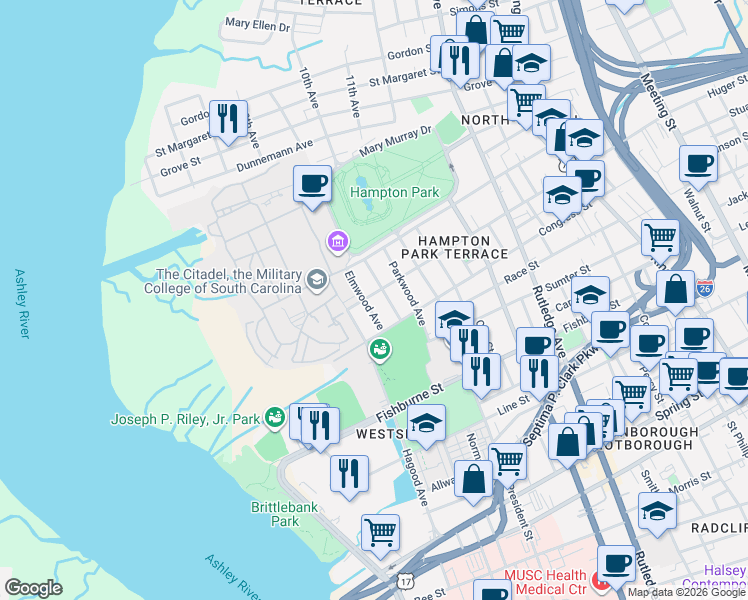 map of restaurants, bars, coffee shops, grocery stores, and more near 554 Huger Street in Charleston
