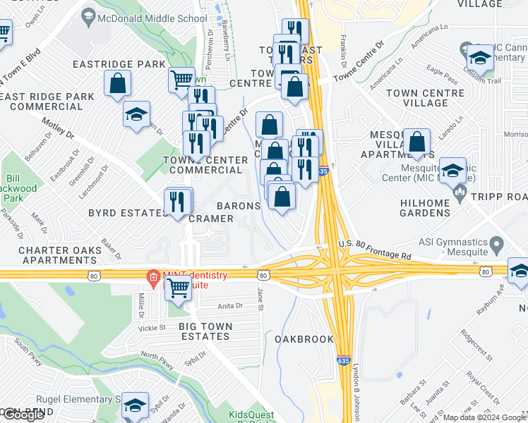 map of restaurants, bars, coffee shops, grocery stores, and more near 2135 U.S. 80 Frontage Road in Mesquite