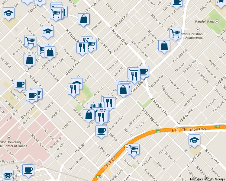 map of restaurants, bars, coffee shops, grocery stores, and more near 326 North Prairie Avenue in Dallas