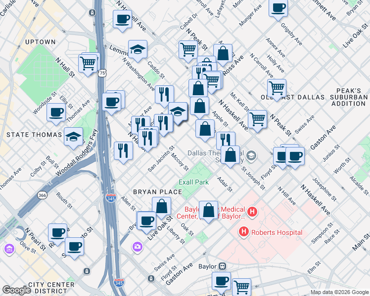 map of restaurants, bars, coffee shops, grocery stores, and more near 3608 San Jacinto Street in Dallas