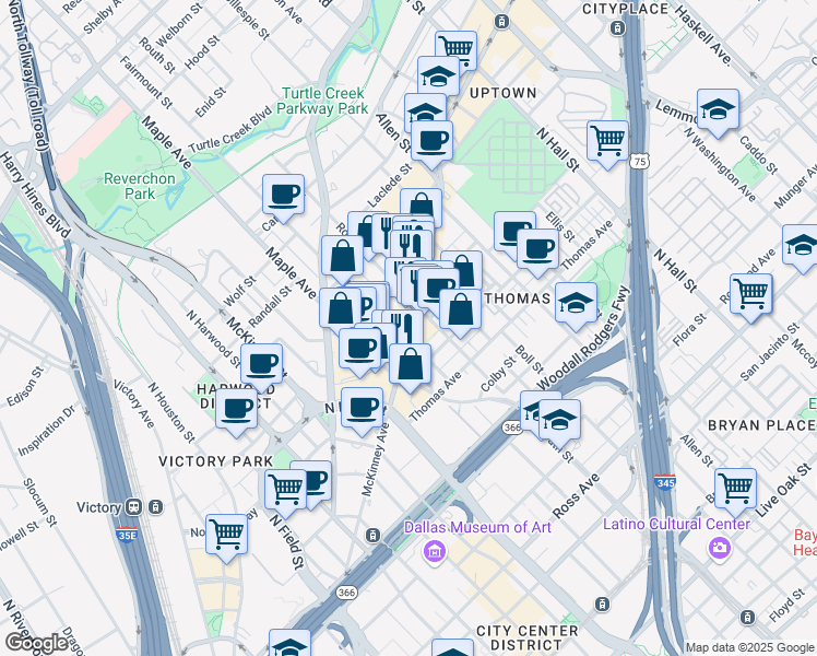 map of restaurants, bars, coffee shops, grocery stores, and more near 2515 McKinney Avenue in Dallas