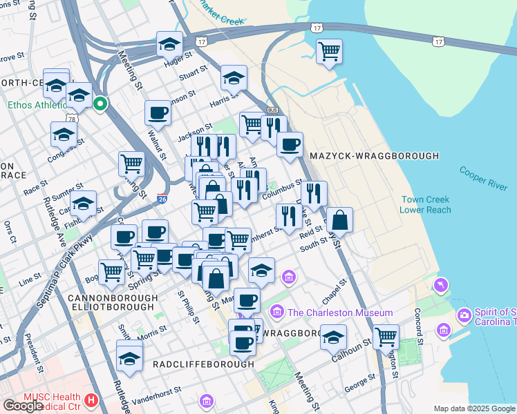 map of restaurants, bars, coffee shops, grocery stores, and more near 5 Aiken Street in Charleston