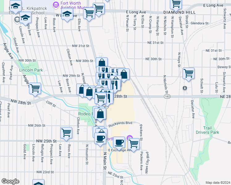 map of restaurants, bars, coffee shops, grocery stores, and more near 200 Northeast 28th Street in Fort Worth