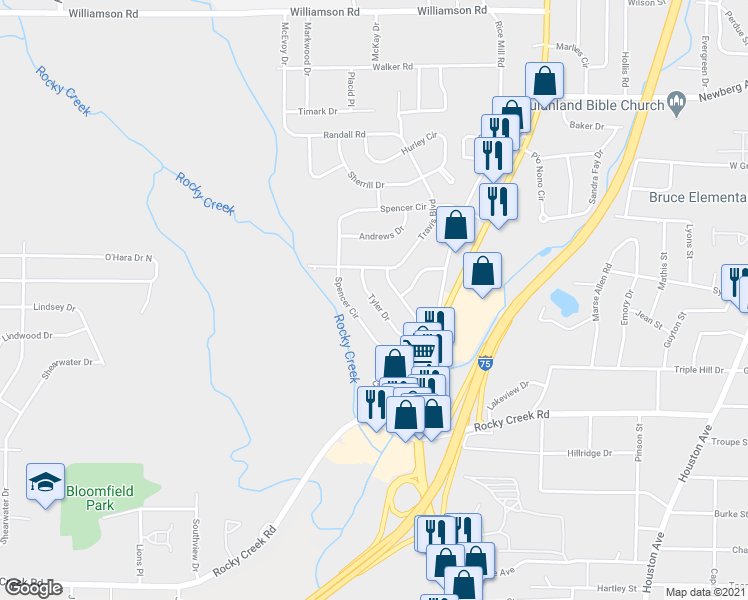 map of restaurants, bars, coffee shops, grocery stores, and more near 3894 Tyler Drive in Macon