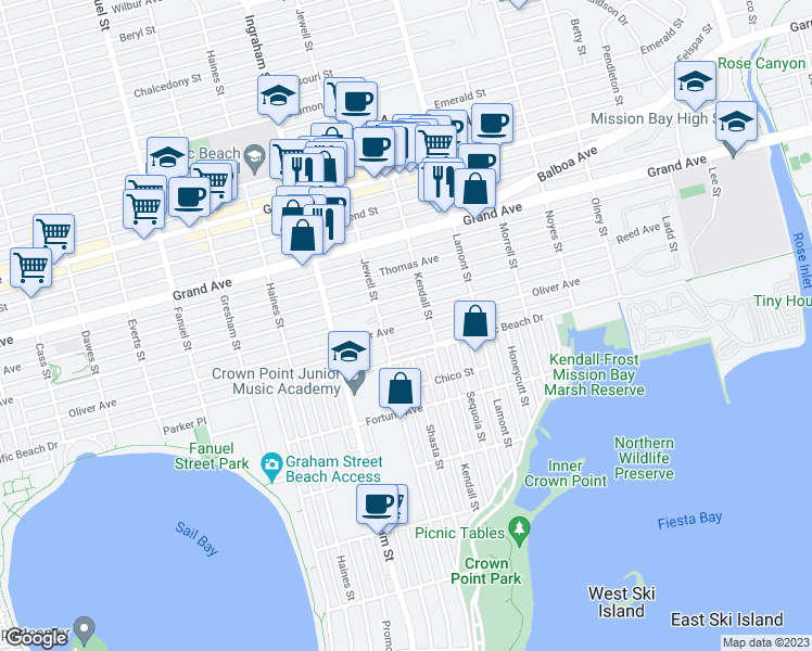 map of restaurants, bars, coffee shops, grocery stores, and more near 1732 Oliver Avenue in San Diego